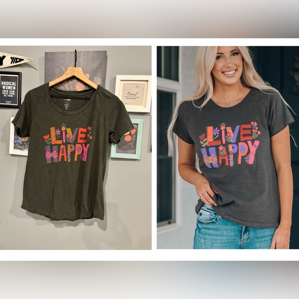 NATURAL LIFE • LIVE HAPPY • Boho Floral Graphic Tee • Charcoal • M